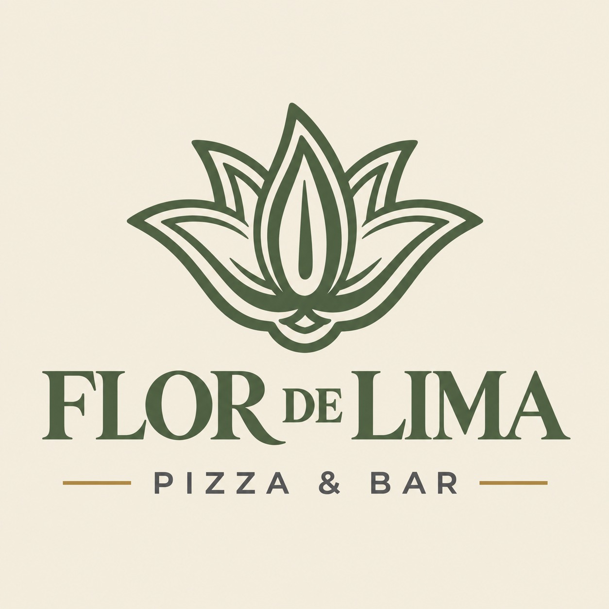 Logotipo da Flor de Lima Pizza & Bar — flor estilizada em verde sobre fundo claro